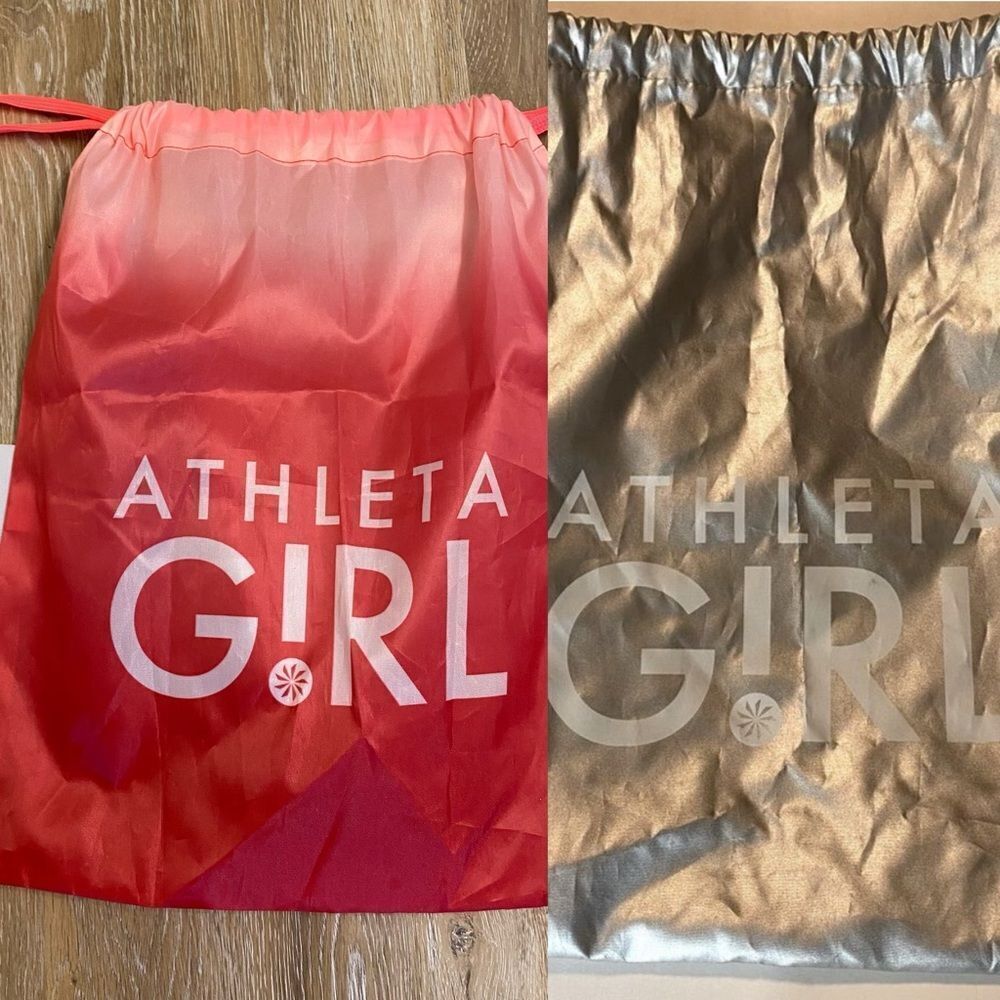 Athleta girl drawstring bag backpack sack silver hot pink set of 2 13x16